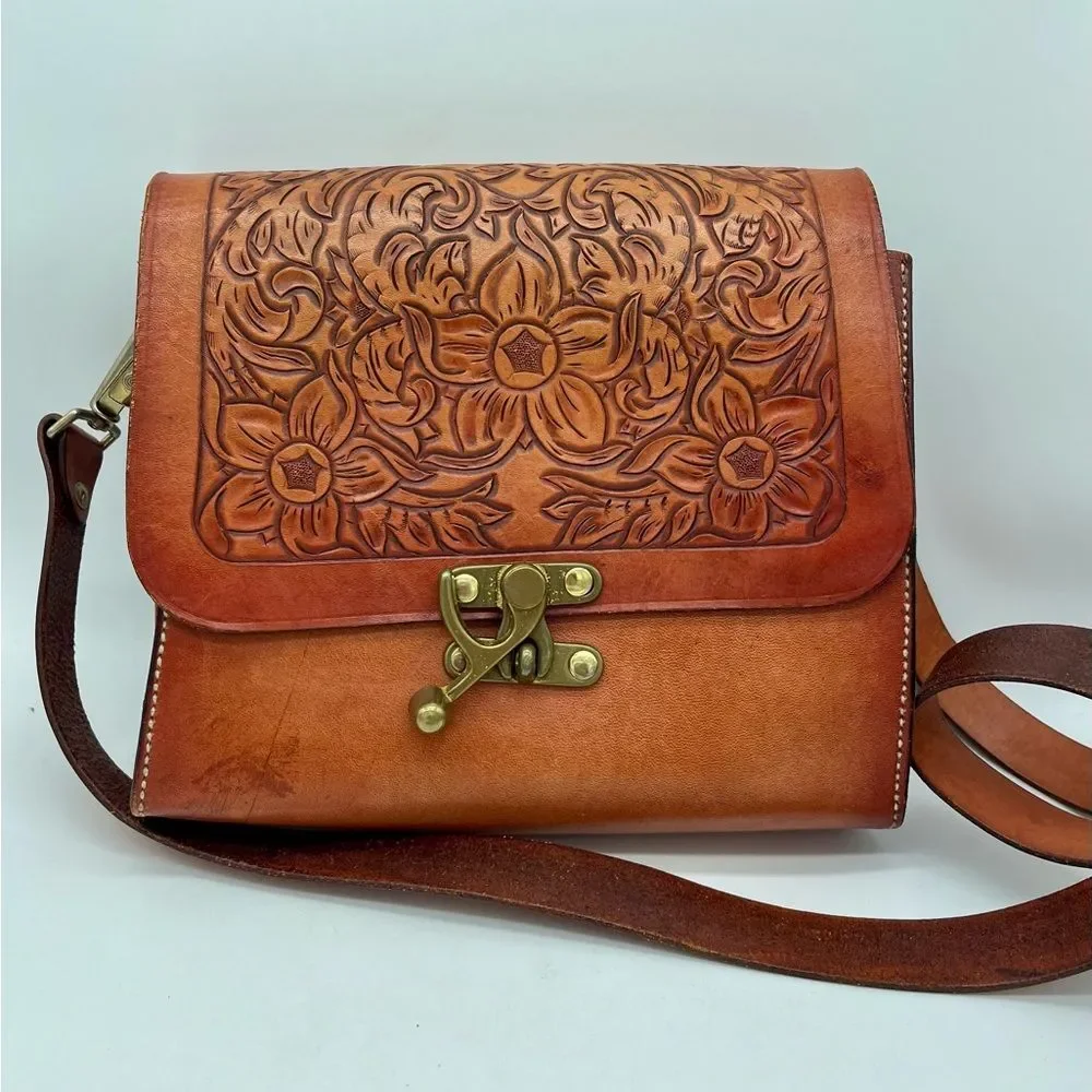 Vintage Tooled Leather Saddle Bag